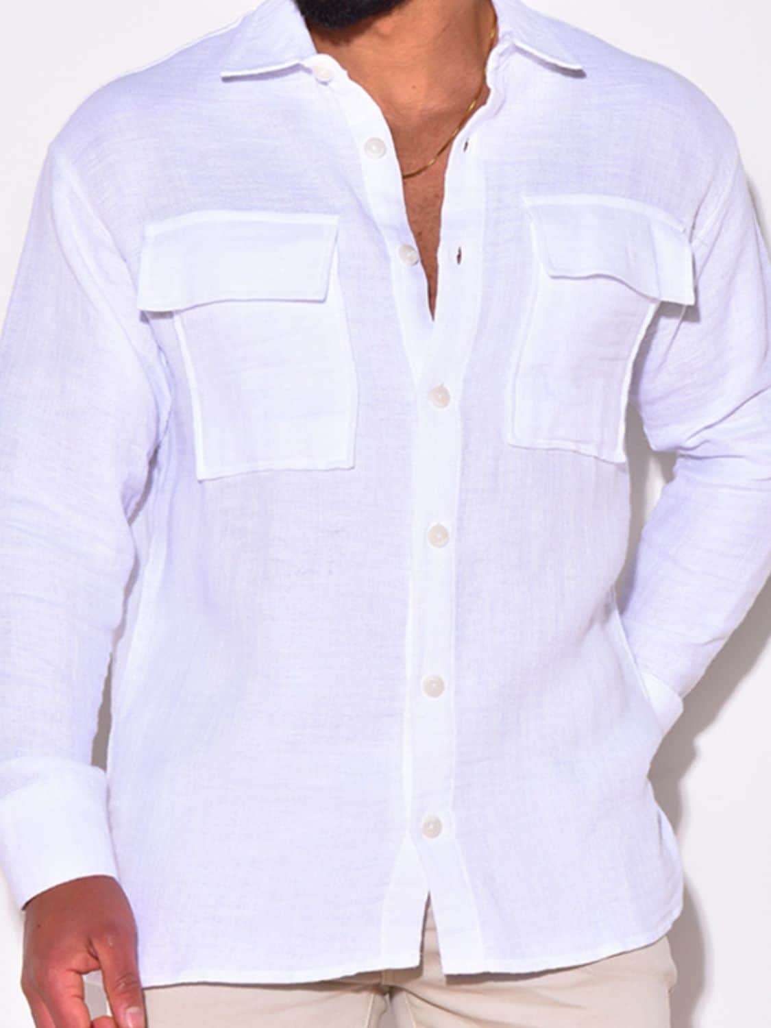 Men's Full Size Collared Neck Long Sleeve Shirt with Chest Pockets Plus Size White / S