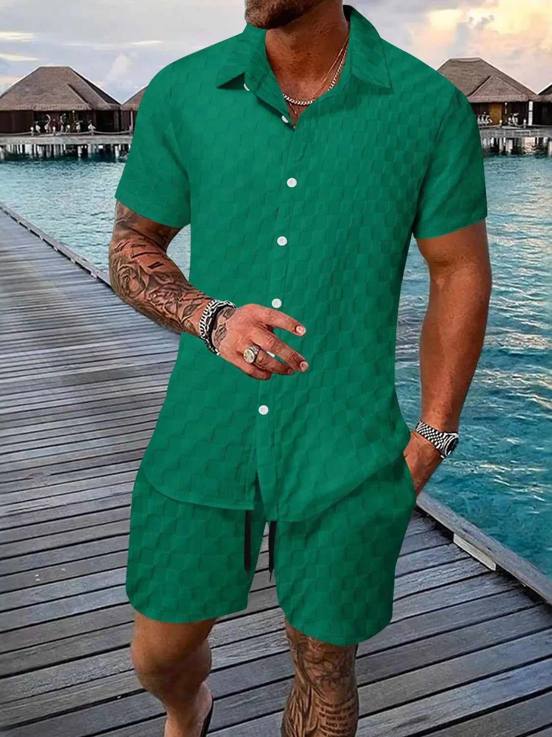 Men's Full Size Collared Neck Short Sleeve Top and Shorts Set Plus Size Green / S