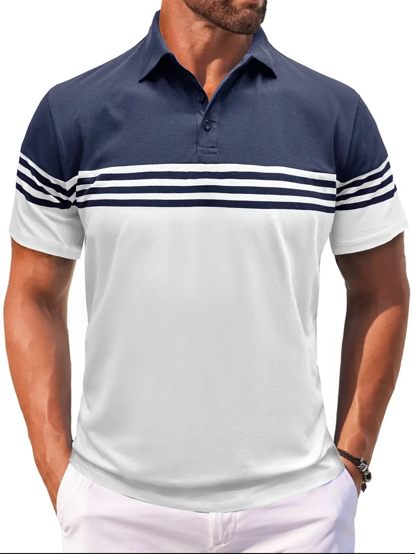 Men's Full Size Color Block Striped Polo Shirt Plus Size