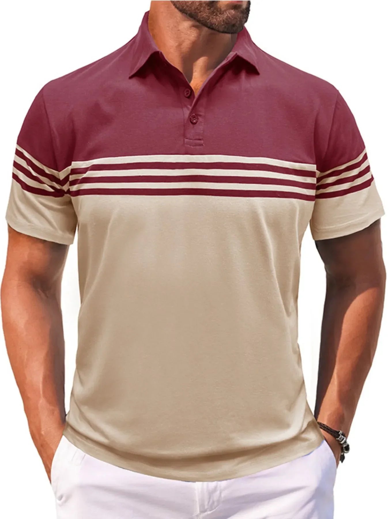 Men's Full Size Color Block Striped Polo Shirt Plus Size Burgundy / S