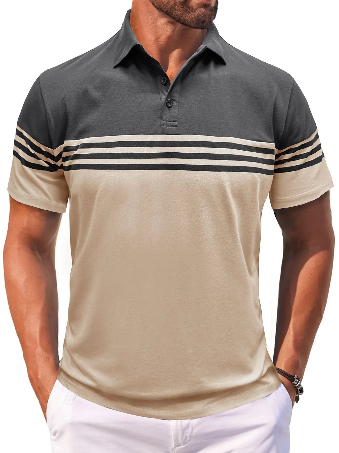 Men's Full Size Color Block Striped Polo Shirt Plus Size Gray / S