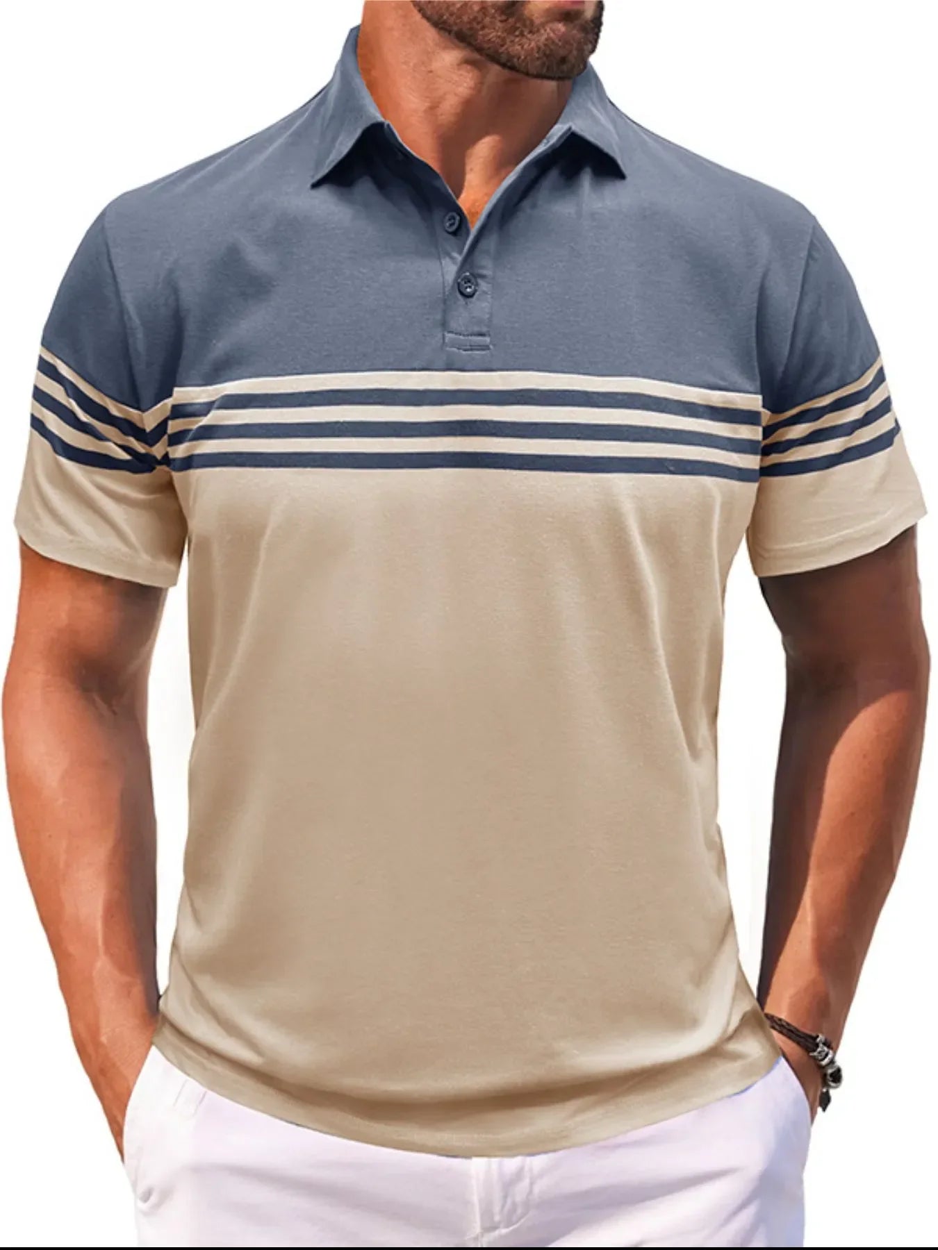 Men's Full Size Color Block Striped Polo Shirt Plus Size Light Blue / S