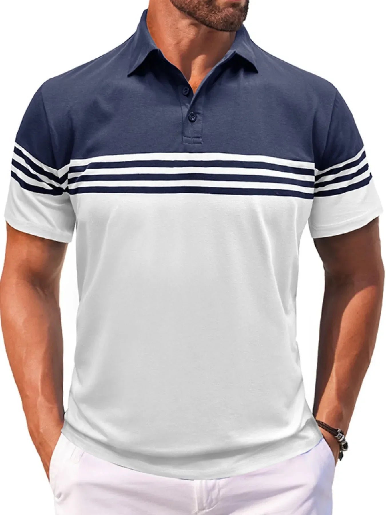 Men's Full Size Color Block Striped Polo Shirt Plus Size Navy / S