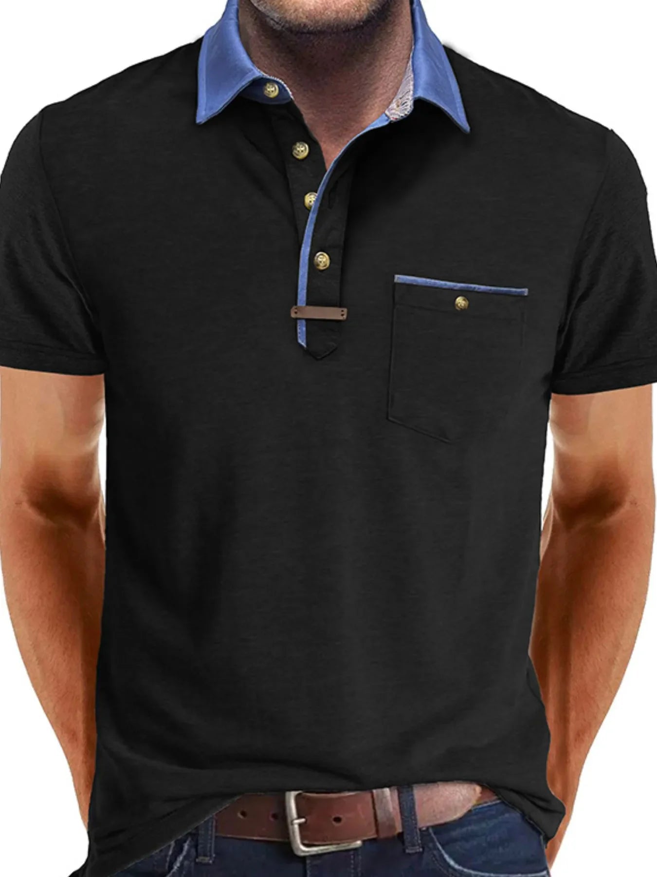 Men's Full Size Contrast Collar Pocket Polo Shirt Plus Size Black / S