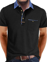 Men's Full Size Contrast Collar Pocket Polo Shirt Plus Size Black / S