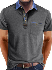 Men's Full Size Contrast Collar Pocket Polo Shirt Plus Size Dark Gray / S