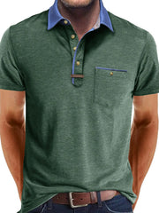 Men's Full Size Contrast Collar Pocket Polo Shirt Plus Size Dark Green / S