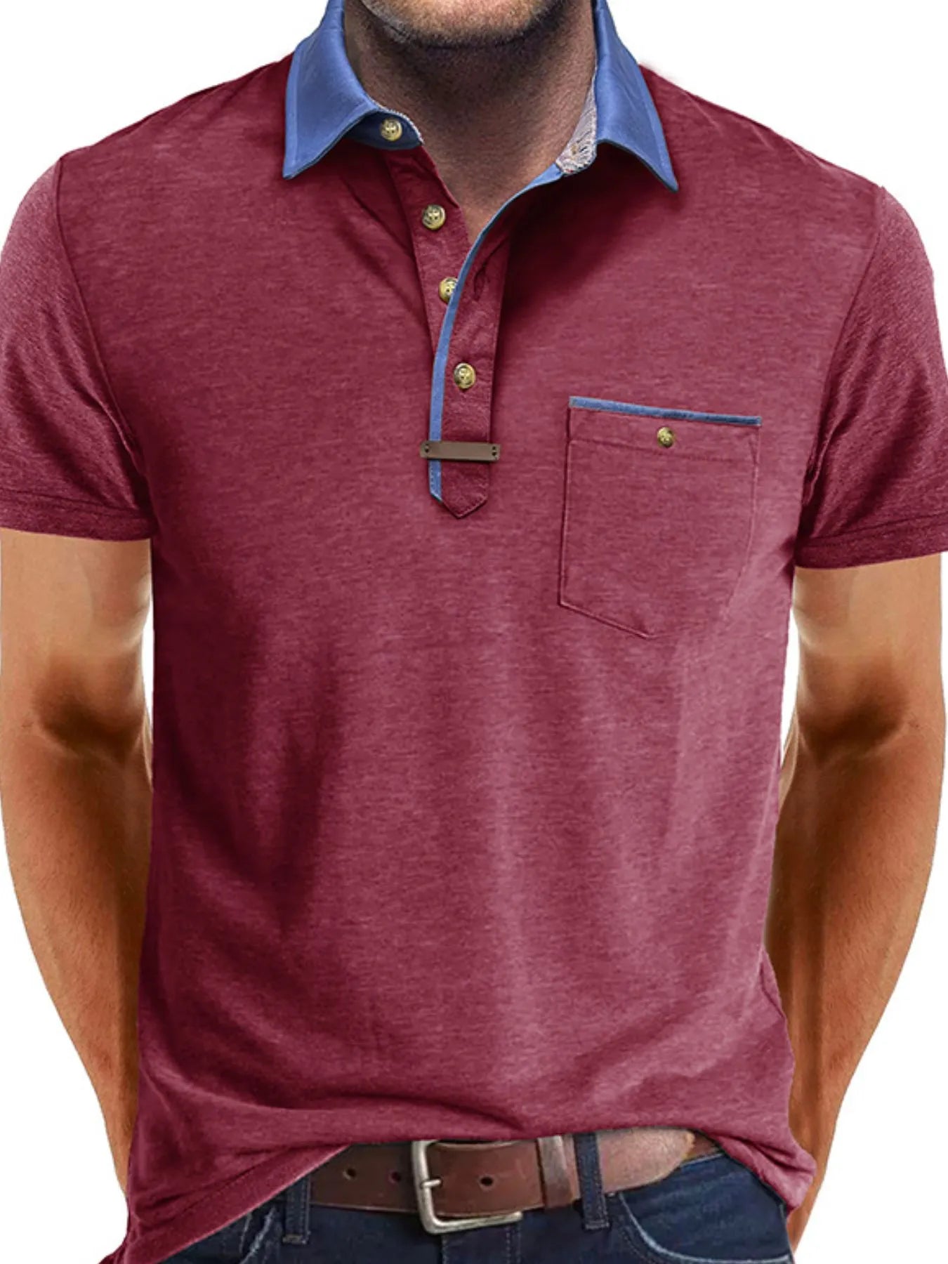 Men's Full Size Contrast Collar Pocket Polo Shirt Plus Size Deep Purple / S