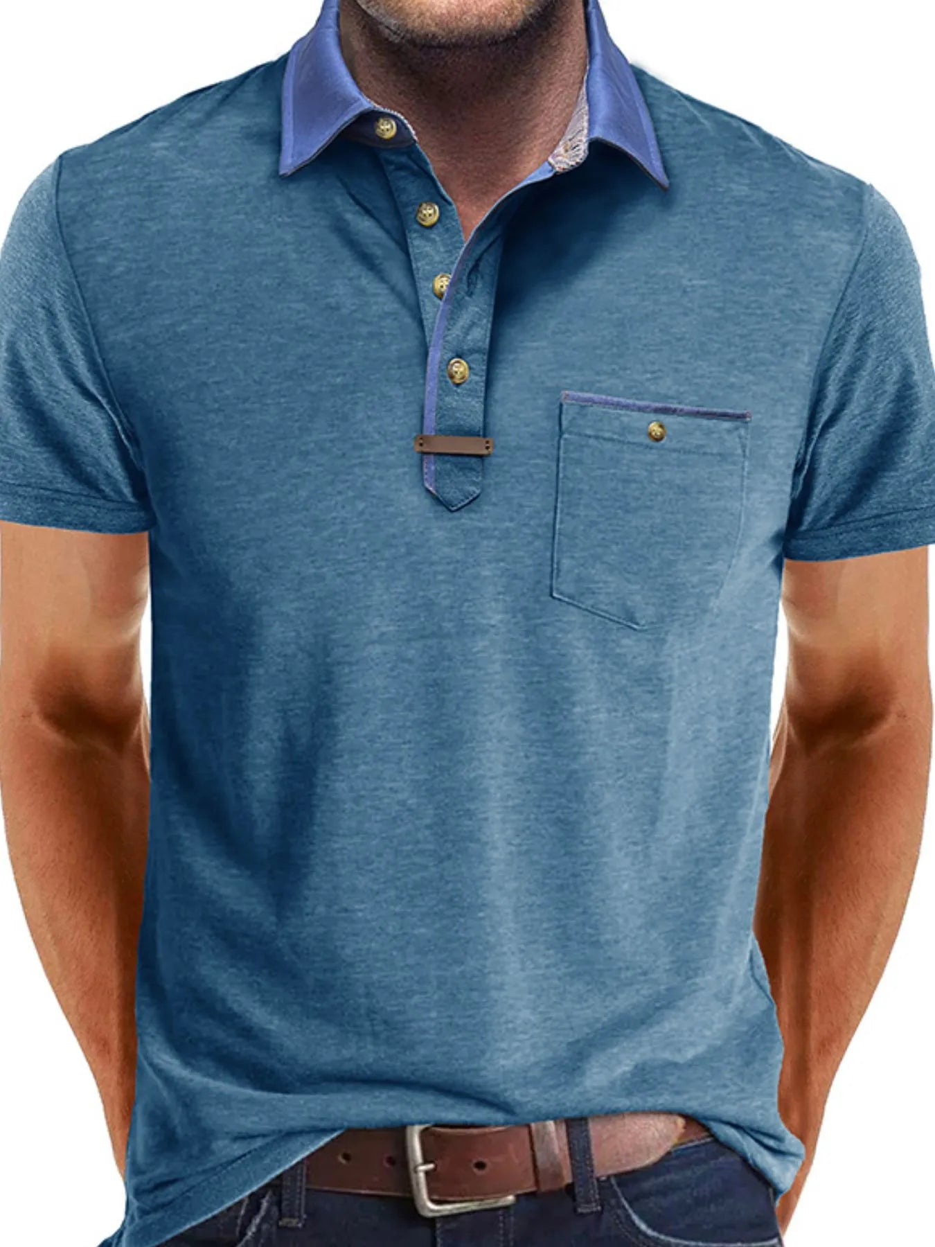 Men's Full Size Contrast Collar Pocket Polo Shirt Plus Size Sky Blue / S