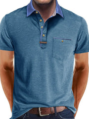 Men's Full Size Contrast Collar Pocket Polo Shirt Plus Size Sky Blue / S