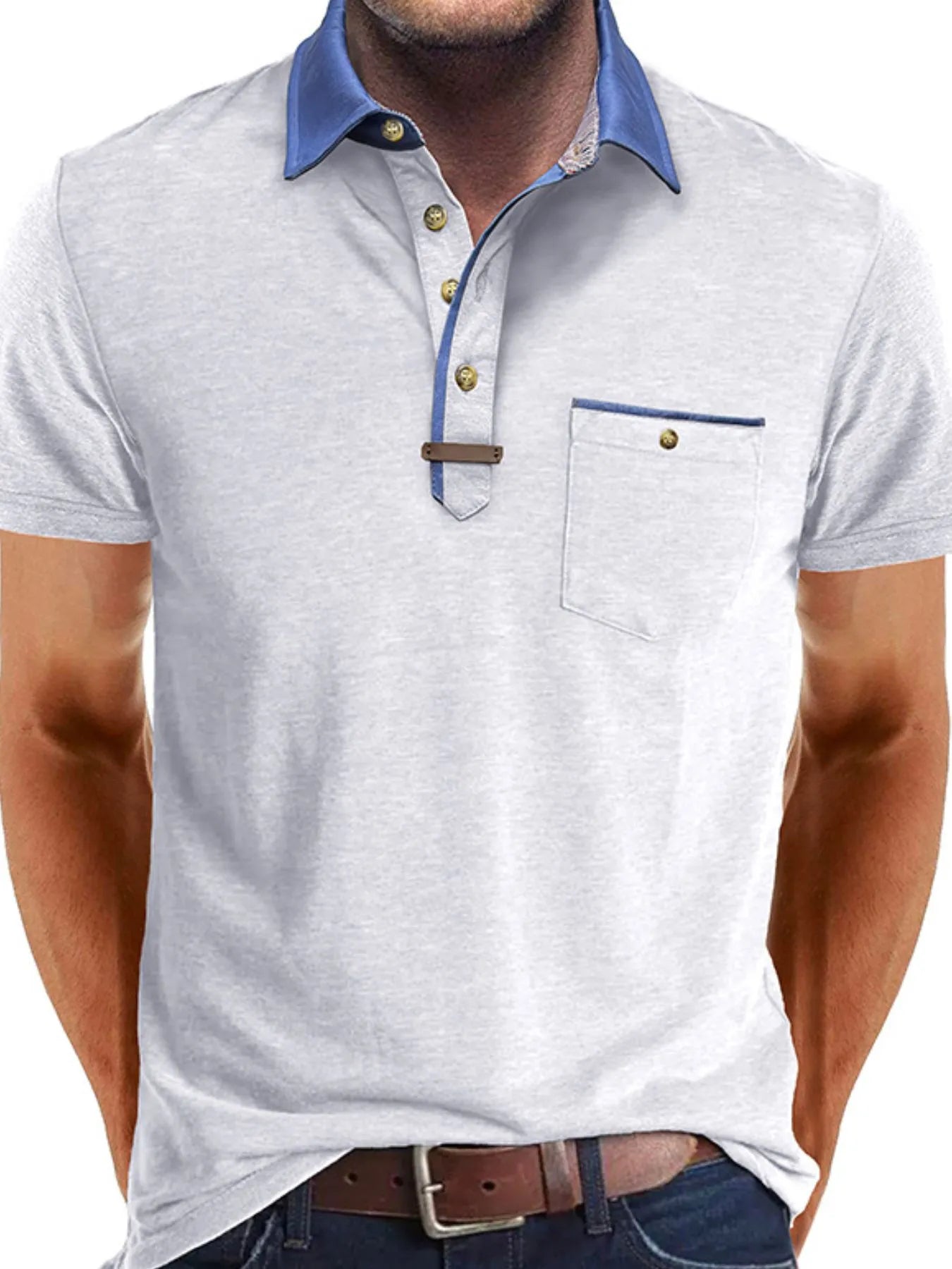 Men's Full Size Contrast Collar Pocket Polo Shirt Plus Size White / S