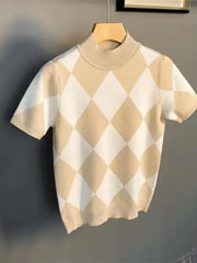 Men's Full Size Diamond Pattern Short Sleeve Knit Top Plus Size Apricot / S