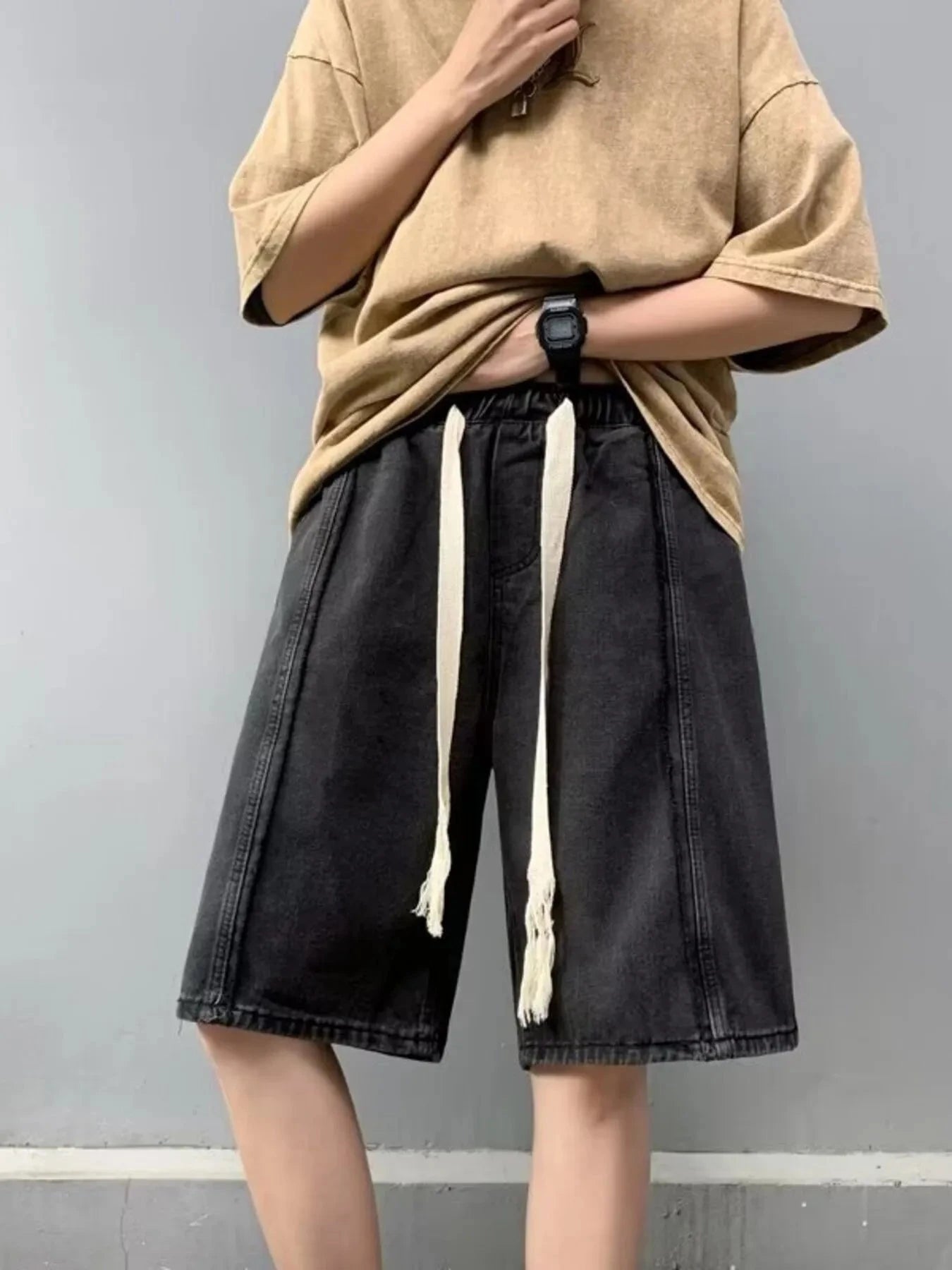 Men's Full Size Drawstring Denim Shorts with Pockets Plus Size Black / S