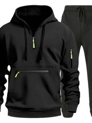 Men's Full Size Drawstring Half Zip Hoodie and Pants Set Plus Size Black / S