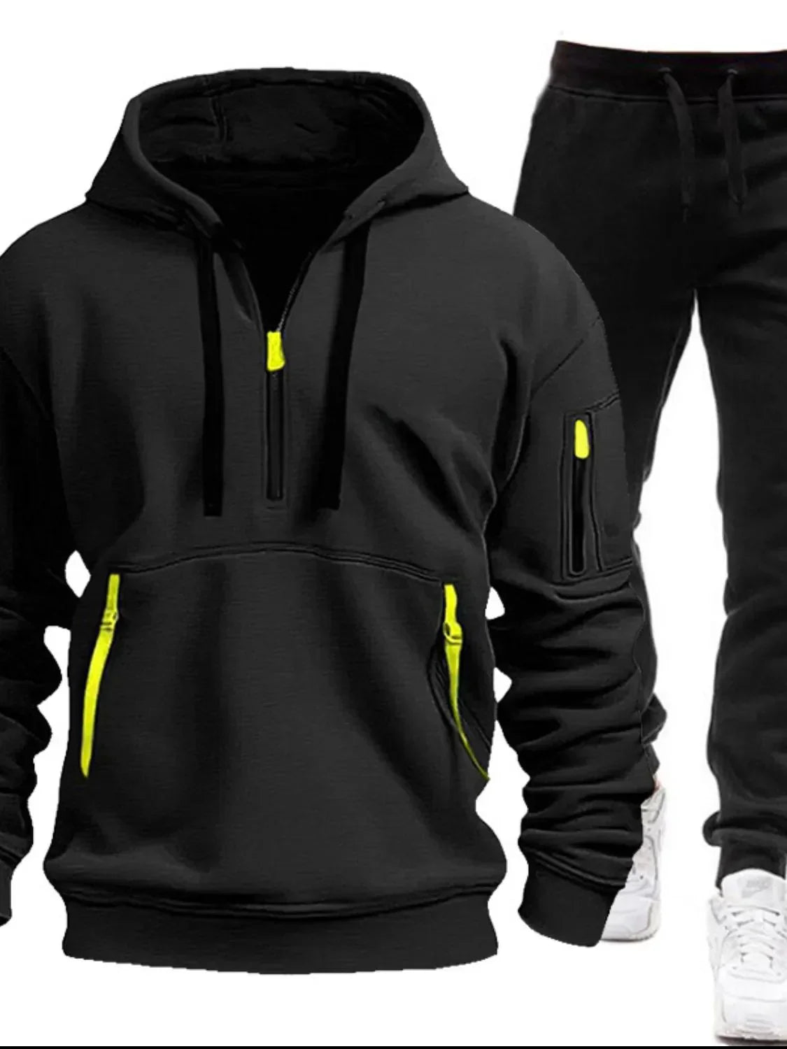 Men's Full Size Drawstring Half Zip Hoodie and Pants Set Plus Size Black / S