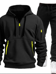 Men's Full Size Drawstring Half Zip Hoodie and Pants Set Plus Size Black / S