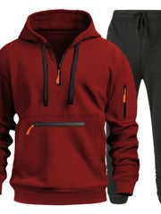 Men's Full Size Drawstring Half Zip Hoodie and Pants Set Plus Size Burgundy / S