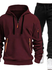 Men's Full Size Drawstring Half Zip Hoodie and Pants Set Plus Size Burgundy / S