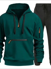 Men's Full Size Drawstring Half Zip Hoodie and Pants Set Plus Size Dark Green / S