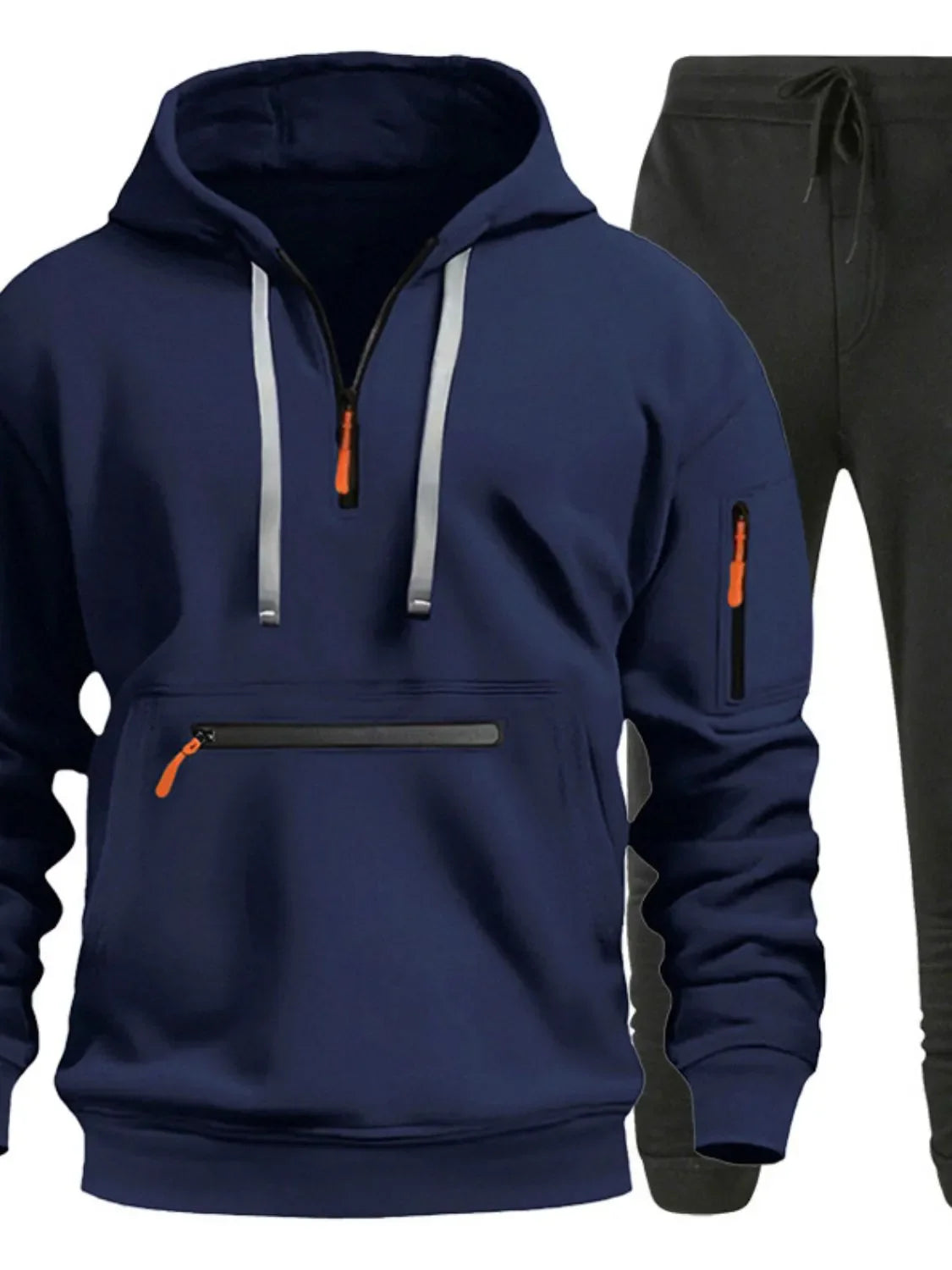 Men's Full Size Drawstring Half Zip Hoodie and Pants Set Plus Size Navy / S
