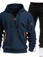 Men's Full Size Drawstring Half Zip Hoodie and Pants Set Plus Size Peacock Blue / S