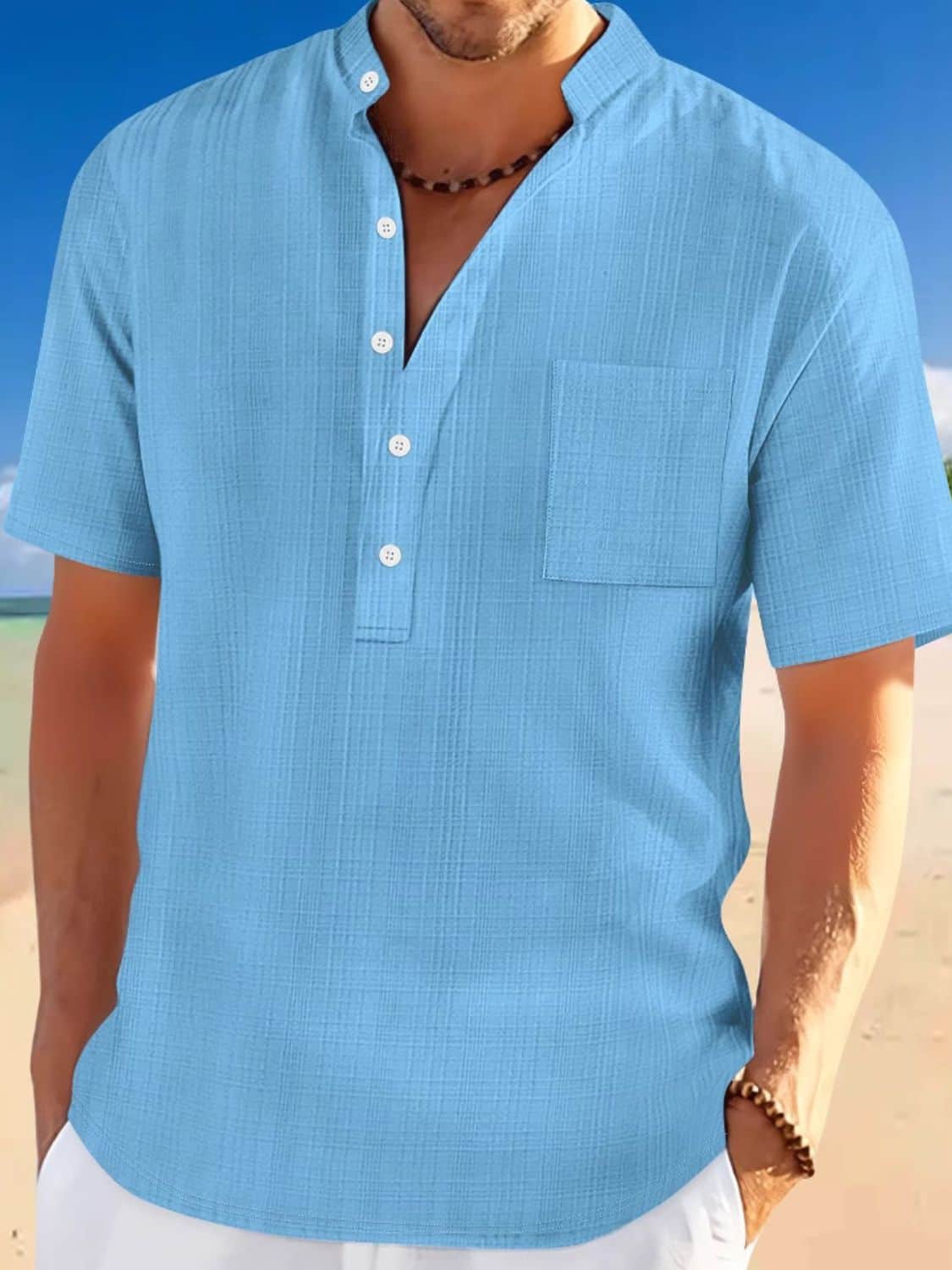 Men's Full Size Half Button Short Sleeve Polo Plus Size Sky Blue / L