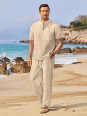 Men's Full Size Half Button Top and Drawstring Pants Set Plus Size Beige / S