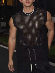Men's Full Size Hollow Out Round Neck Tank Plus Size Black / S