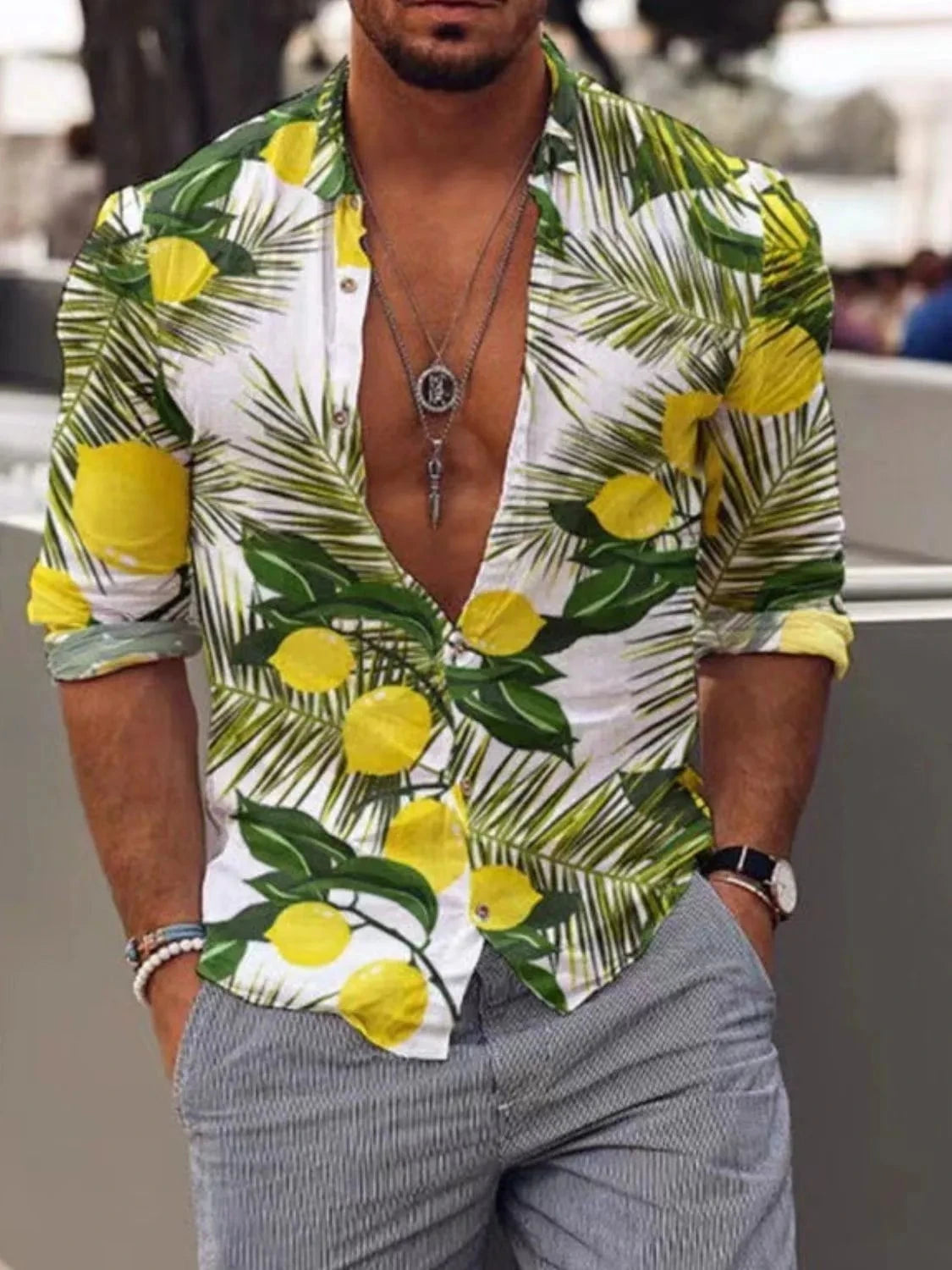 Men's Full Size Lemon Print Button Up Shirt Plus Size Flowers / S