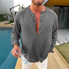 Men's Full Size Linen Button-Down Mandarin Collar Shirt Plus Size Grey / S