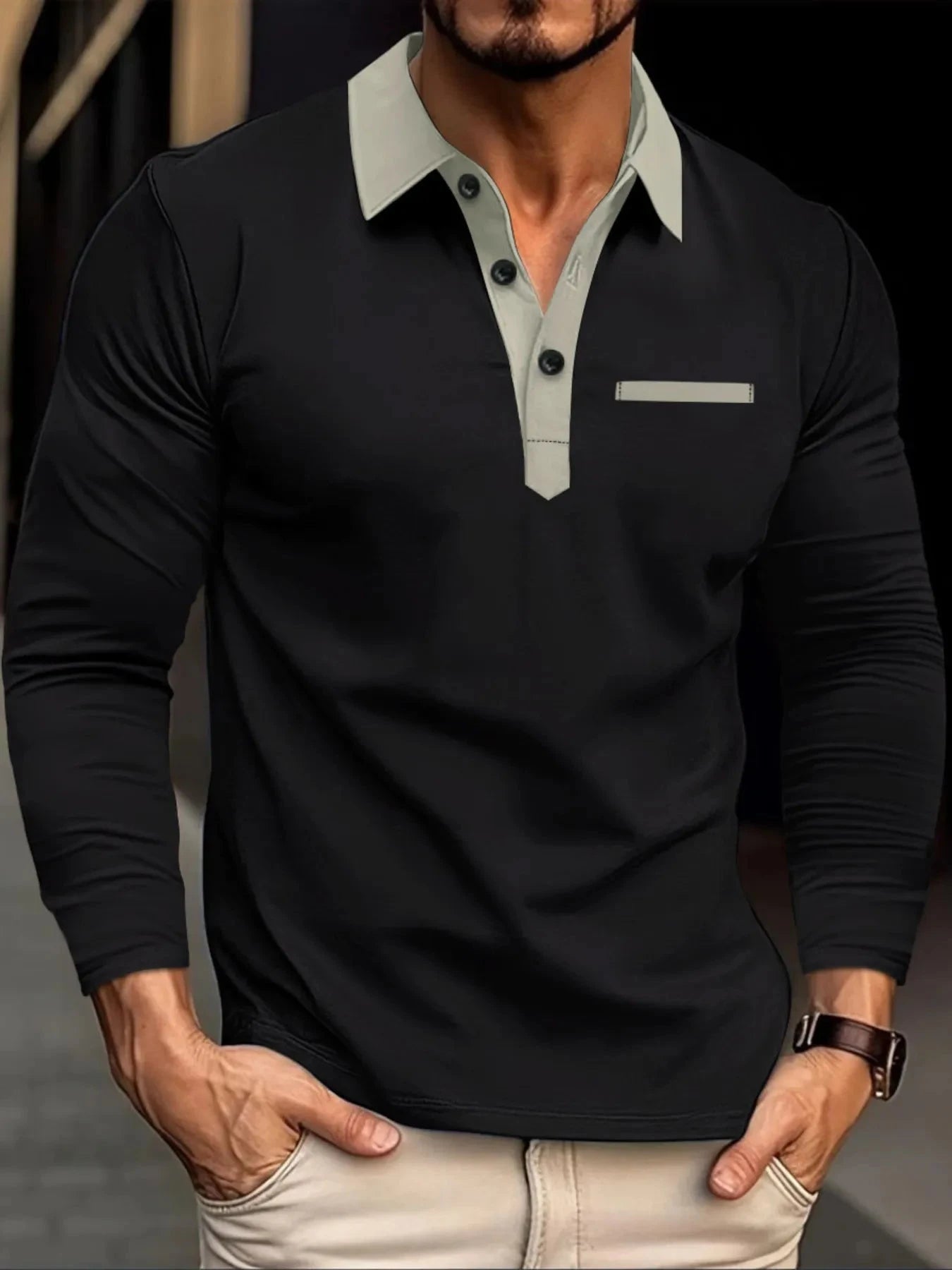 Men's Full Size Long Sleeve Contrast Collar Polo Shirt Plus Size Black / S