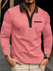 Men's Full Size Long Sleeve Contrast Collar Polo Shirt Plus Size Peach / S
