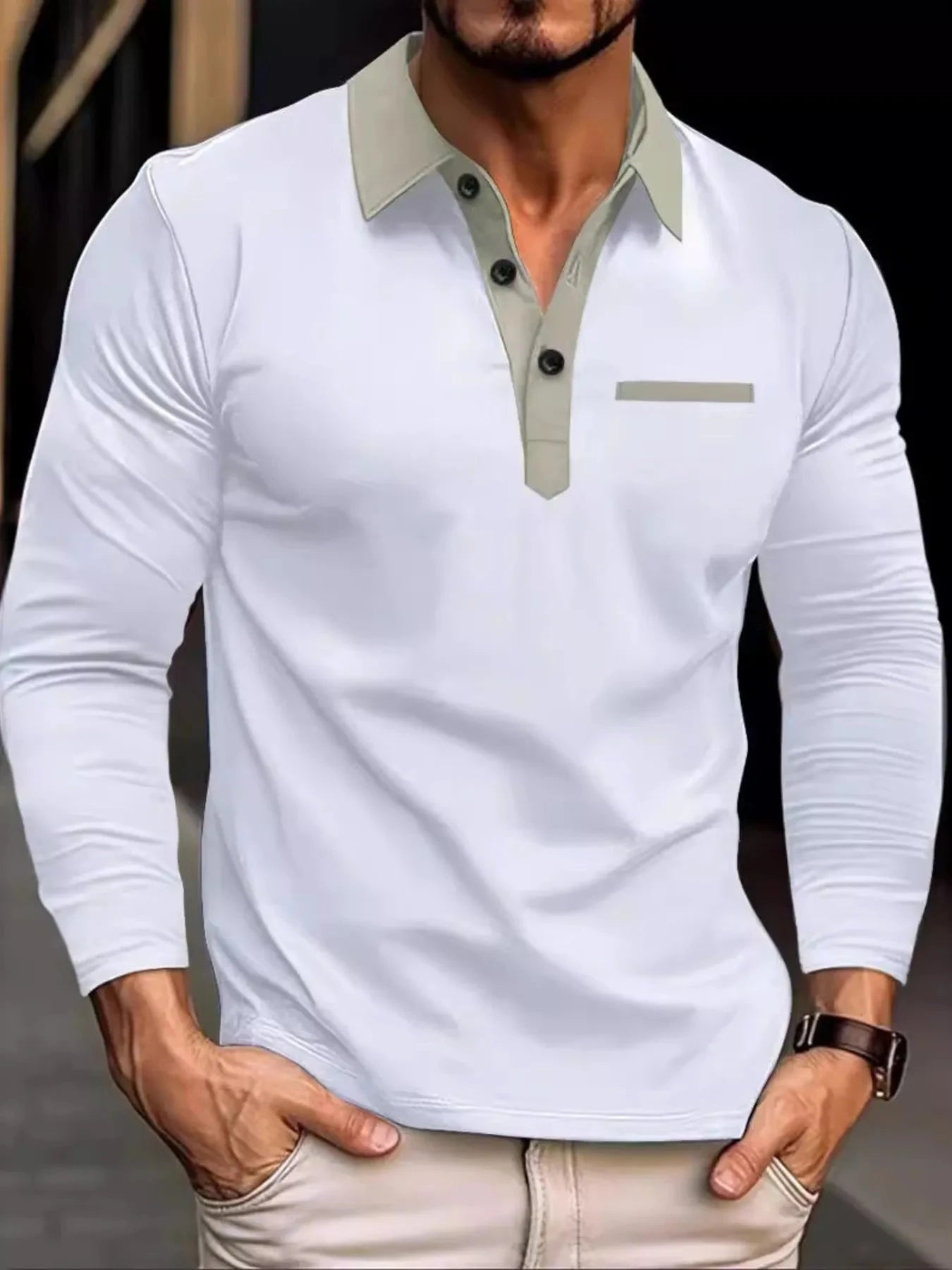 Men's Full Size Long Sleeve Contrast Collar Polo Shirt Plus Size White / S