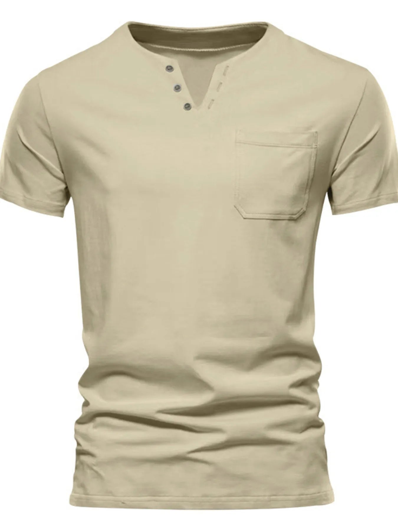 Men's Full Size Notched Henley T-Shirt with Chest Pocket Plus Size Apricot / S