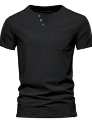 Men's Full Size Notched Henley T-Shirt with Chest Pocket Plus Size Black / S