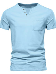 Men's Full Size Notched Henley T-Shirt with Chest Pocket Plus Size Light Blue / S