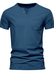 Men's Full Size Notched Henley T-Shirt with Chest Pocket Plus Size Sea blue / S