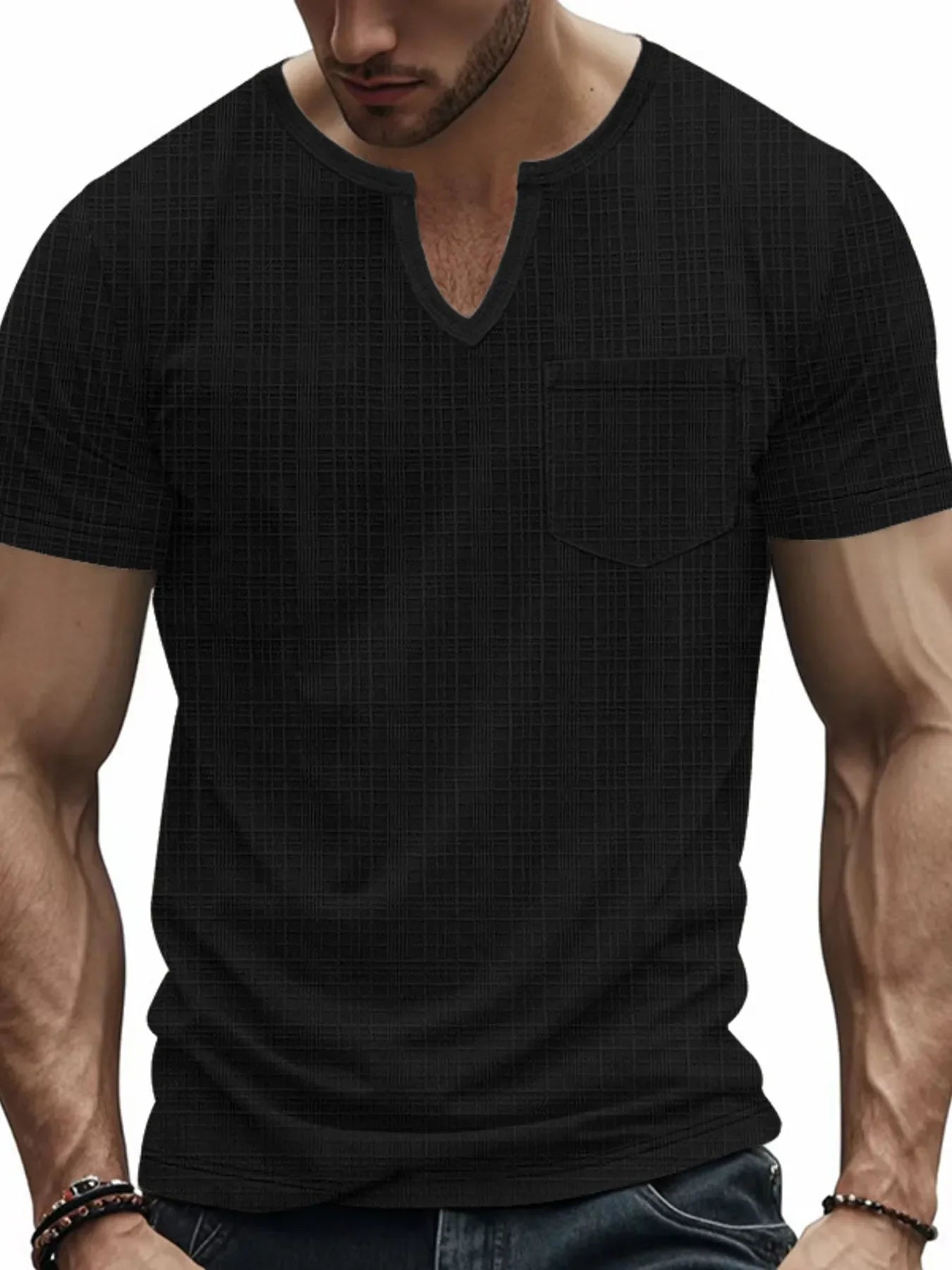 Men's Full Size Notched Short Sleeve T-Shirt Plus Size Black / S