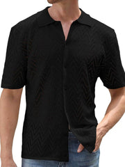 Men's Full Size Openwork Button Down Short Sleeve Shirt Plus Size Black / XL