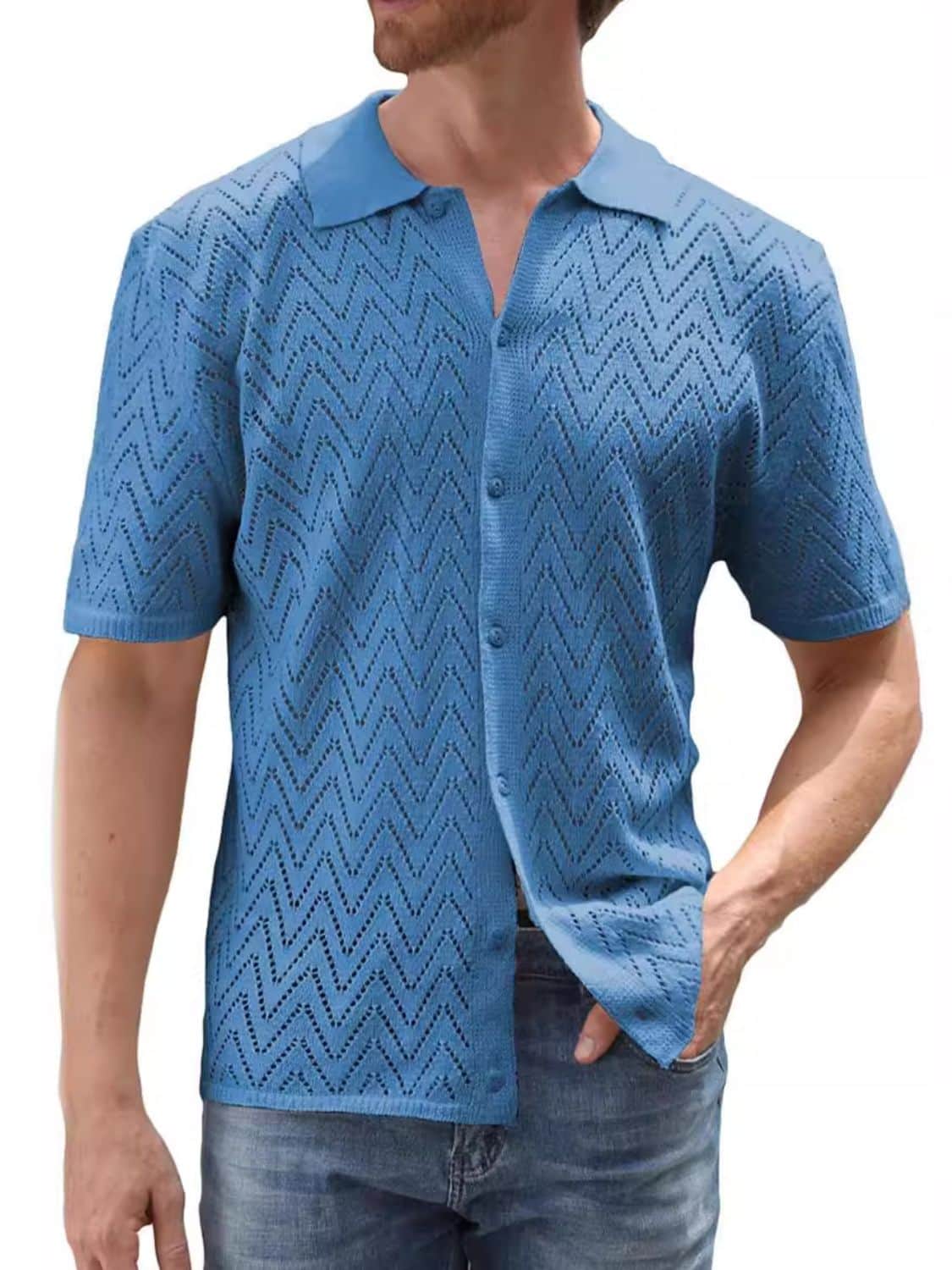 Men's Full Size Openwork Button Down Short Sleeve Shirt Plus Size Blue / S