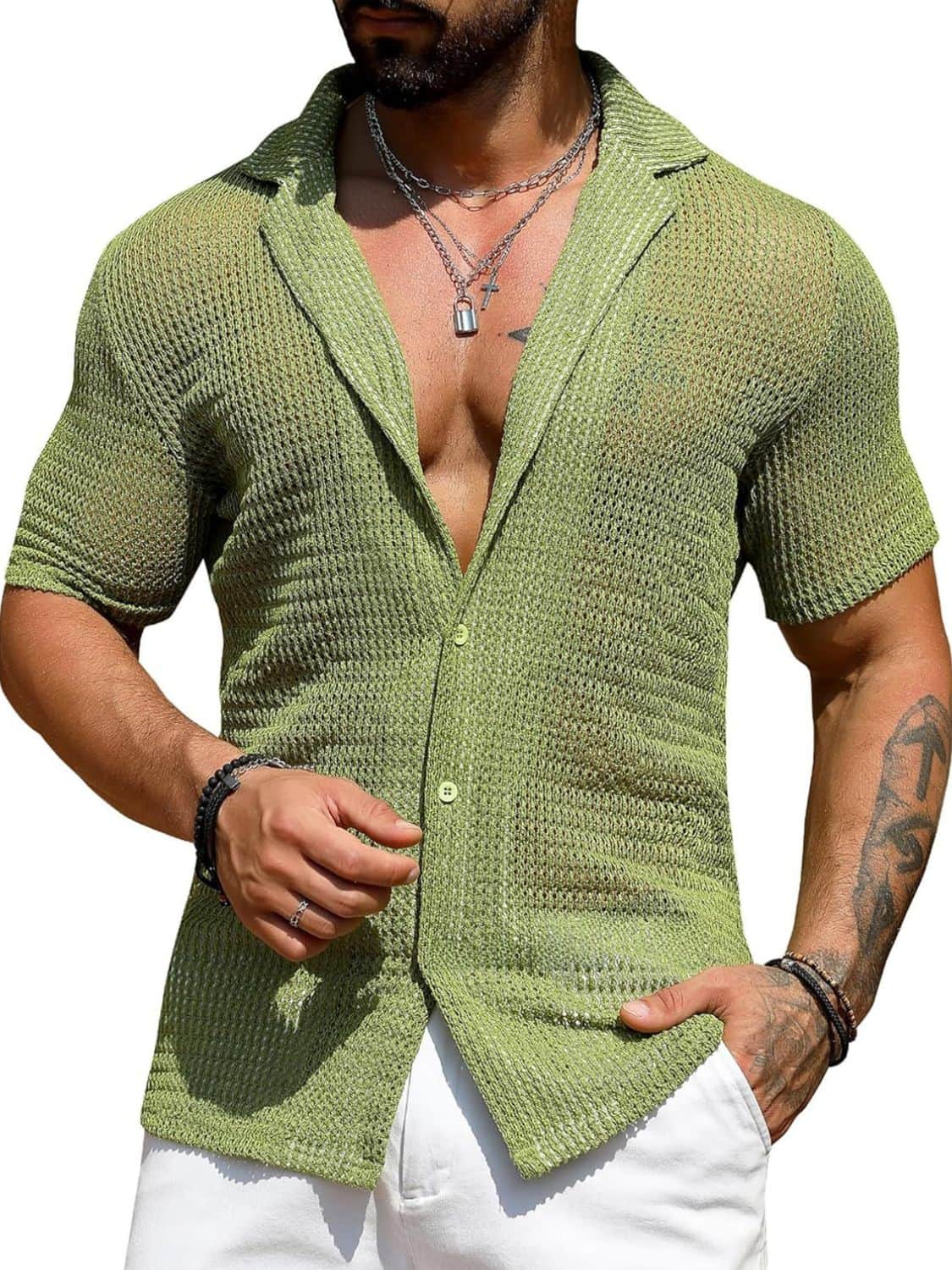 Men's Full Size Openwork Button Down Short Sleeve Shirt Plus Size Matcha Green / L