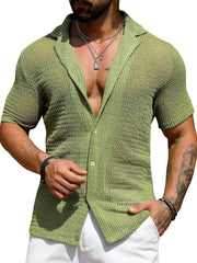 Men's Full Size Openwork Button Down Short Sleeve Shirt Plus Size Matcha Green / L