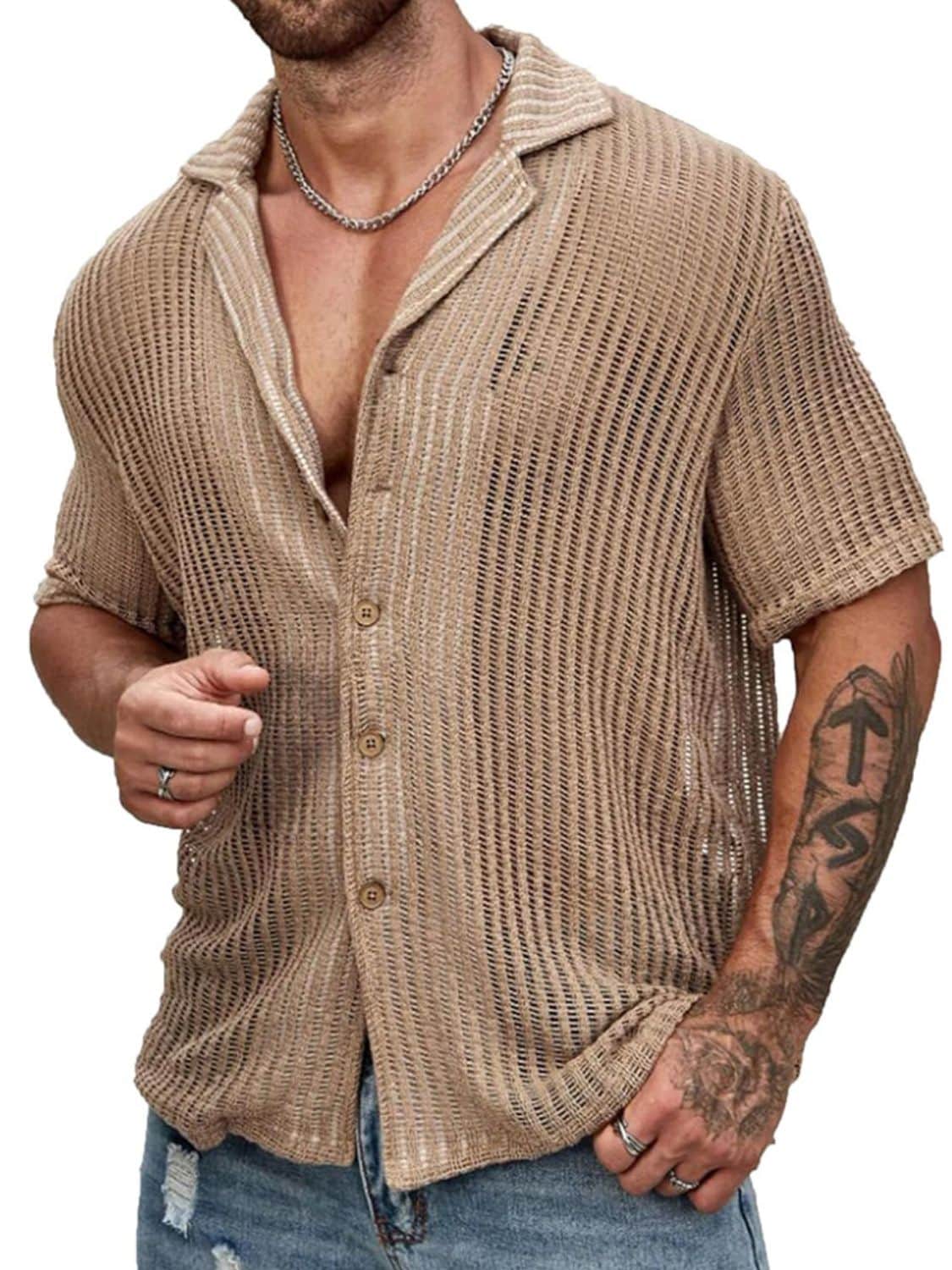 Men's Full Size Openwork Button Down Short Sleeve Shirt Plus Size Mocha / S