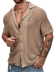 Men's Full Size Openwork Button Down Short Sleeve Shirt Plus Size Mocha / S