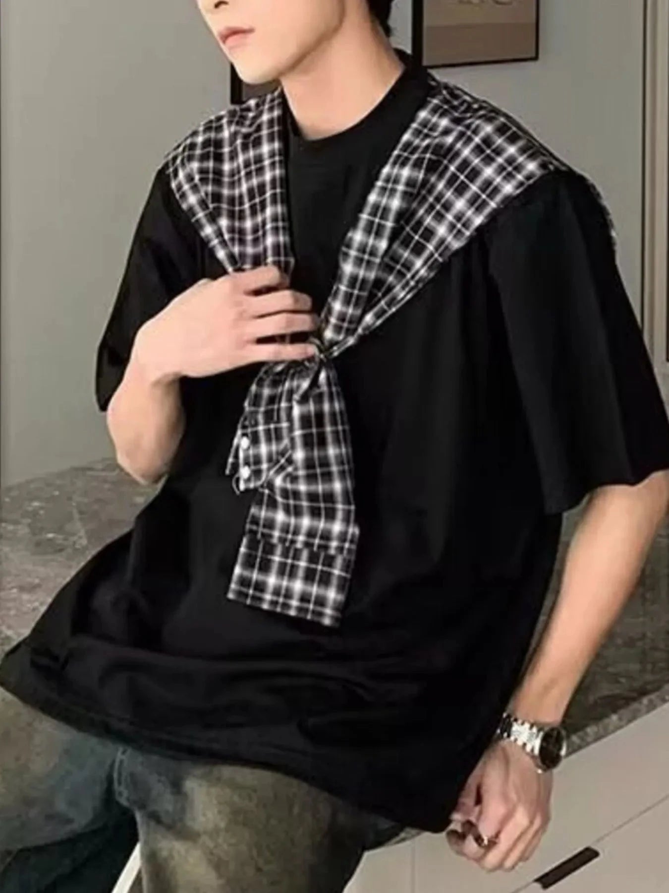 Men's Full Size Oversized T-Shirt with Plaid Shawl Plus Size