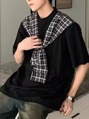 Men's Full Size Oversized T-Shirt with Plaid Shawl Plus Size