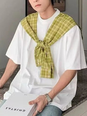 Men's Full Size Oversized T-Shirt with Plaid Shawl Plus Size