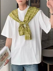 Men's Full Size Oversized T-Shirt with Plaid Shawl Plus Size