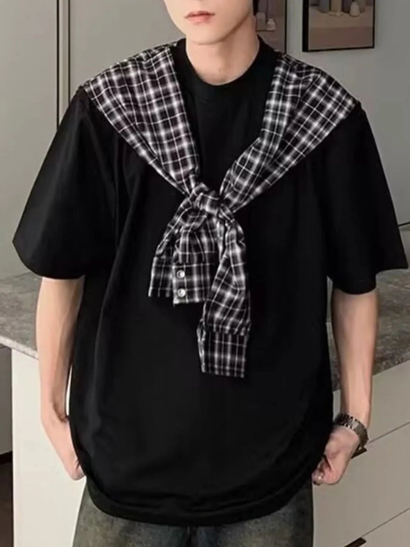 Men's Full Size Oversized T-Shirt with Plaid Shawl Plus Size