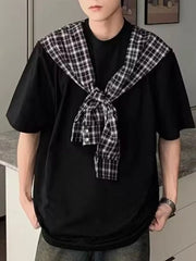 Men's Full Size Oversized T-Shirt with Plaid Shawl Plus Size